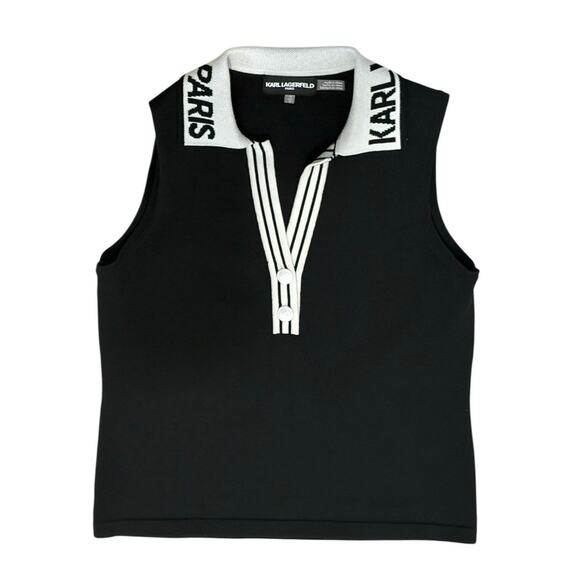 Karl Lagerfeld Paris Sleeveless Black White Logo Polo Sweater Top Size XS - Picture 2 of 5